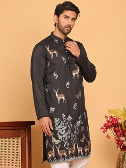 Jompers - Men Black Embroidered Straight Kurta
