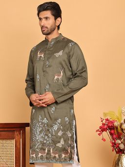 Jompers - Men Green Embroidered Straight Kurta