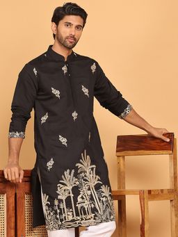 Jompers - Men Black Embroidered Silk Blend Straight Kurta
