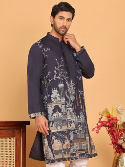 Jompers - Men Navy Blue Silk Blend Embroidered Straight Kurta