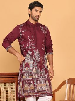 Jompers - Men Maroon Silk Blend Embroidered Straight Kurta