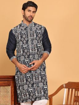 Jompers - Men Embroidered Navy Blue Straight Kurta