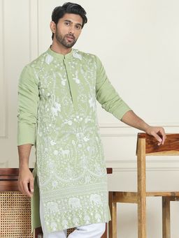 Jompers - Men Embroidered Green Silk Blend Straight Kurta