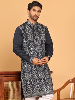 Jompers - Men Silk Blend Navy Blue Embroidered Straight Kurta