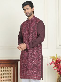 Jompers - Men Silk Blend Purple Embroidered Straight Kurta