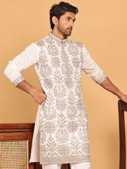 Jompers - Men Silk Blend White Embroidered Straight Kurta