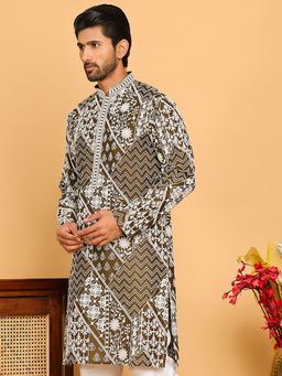 Jompers - Men Embroidered Green Straight Kurta