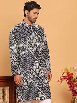 Jompers - Men Navy Blue Embroidery Silk Blend Kurta