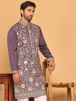 Jompers - Men Purple Silk Blend Embroidered Straight Kurta