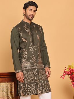 Jompers - Men Embroidered Green Straight Kurta