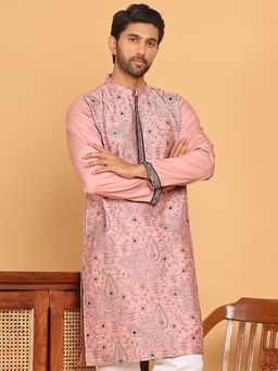 Jompers - Men Pink Embroidered and Mirror Work Kurta