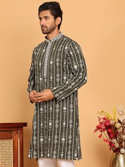 Jompers - Men Olive Embroidered and Mirror Work Kurta