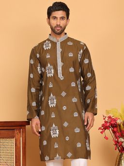 Jompers - Men Green Embroidered Silk Blend Kurta