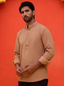 Jompers - Men Textured Brown Cotton Blend Short Kurta