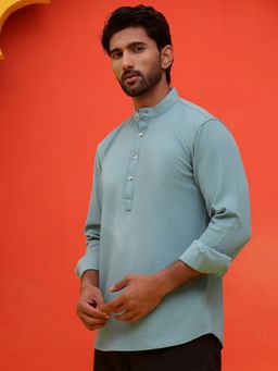 Jompers - Men Textured Sky Blue Cotton Blend Short Kurta