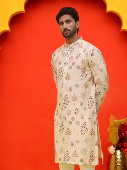 Jompers - Men Cream Floral Printed Silk Blend Straight Kurta