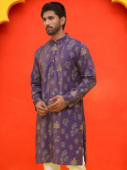 Jompers - Men Purple Floral Printed Silk Blend Straight Kurta