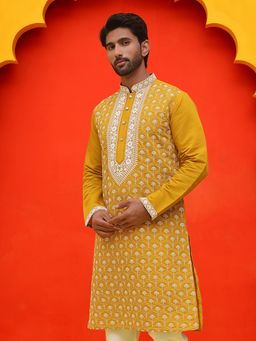 Jompers - Men Mustard Embroidered Kurta