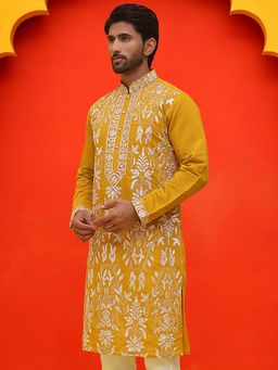 Jompers - Men Mustard Embroidered Straight Kurta