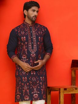 Jompers - Men Navy Blue Embroidered Straight Kurta