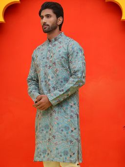 Jompers - Men Silk Blend Blue Embroidered Kurta