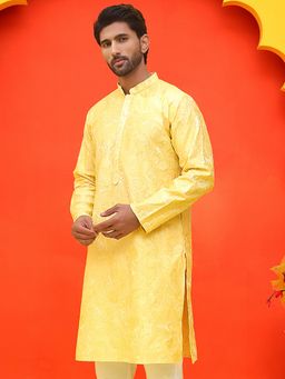 Jompers - Men Yellow Embroidered Silk Blend Kurta