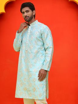 Jompers - Men Blue Embroidered Silk Blend Kurta