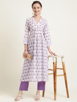 Zari Jaipur - Cotton Woven Kurta and Palazzo with Print and Embroidery (Set of 2)