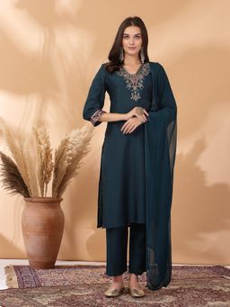 Nayam by lakshita - Solid Embroidered A-Line Viscose Kurta and pant with Dupatta (Set of 3)