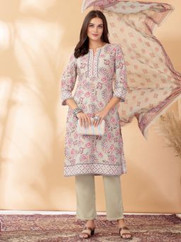 Nayam by lakshita - Floral Printed Linen A-Line Kurta and Palazzo with Dupatta (Set of 3)