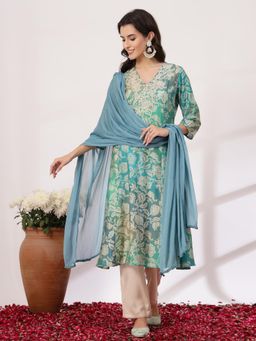 Nayam by lakshita - Blue Floral Printed Modal Chanderi Straight Kurta with Dupatta (Set of 3)