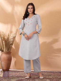 Nayam by lakshita - Solid Embroidered A-Line Cotton Linen Kurta and Pant (Set of 3)
