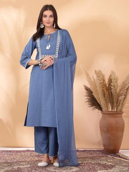 Nayam by lakshita - Solid Straight Cotton Linen Kurta and Pant with Dupatta (Set of 3)