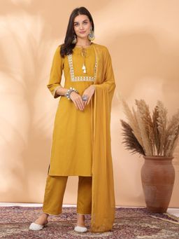 Nayam by lakshita - Solid Straight Cotton Linen Kurta with Dupatta for Women (Set of 3)