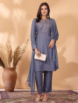 Nayam by lakshita - Printed Straight Pashmina Kurta with Dupatta for Women (Set of 3)