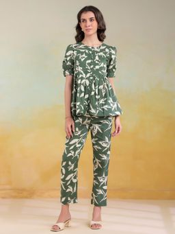 SAY - Green Color Round Neck Printed Co-Ords for Women (Set of 2)