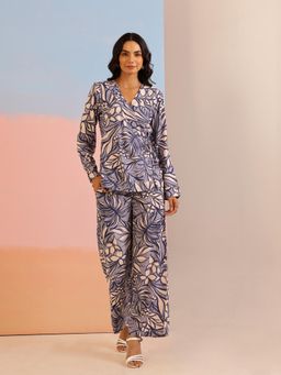 SAY - Navy Blue V-Neck Viscose Rayon Printed Co-Ords for Women (Set of 2)