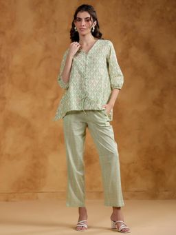 SAY - Green Color V-Neck Printed Co-Ords for Women (Set of 2)