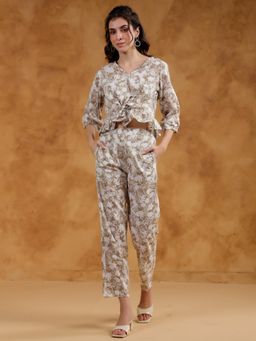 SAY - Beige Color V-Neck Printed Co-Ords for Women (Set of 2)