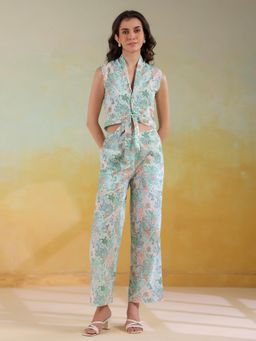 SAY - Green Shawl Neck Printed Co-Ords for Women (Set of 2)