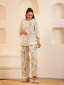 SAY - White Round Neck Pure Cotton Printed Co-Ords for Women (Set of 2)