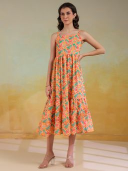 SAY - Orange Color Floral Printed Polyester Midi Dress for Women