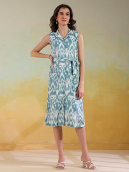 SAY - Sea Green Abstract Printed Cotton Midi Dress with Belt for Women (XS)