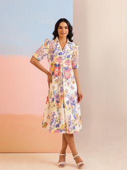 SAY - White Floral Printed Cotton Midi Dress for Women