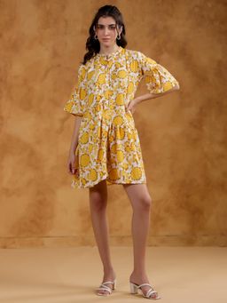 SAY - Yellow Mandarin Neck Printed Mini Dress for Women