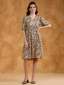 SAY - Beige Floral Printed Viscose Rayon Midi Dress for Women