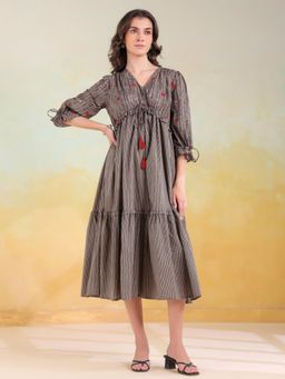 SAY - Grey Cotton V-Neck Printed Midi Dress for Women