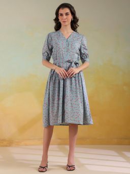 SAY - Blue Color Floral Printed Cotton Midi Dress With Belt for Women (XS)