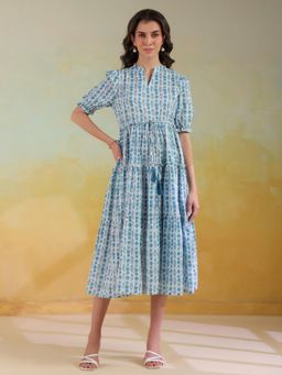 SAY - Blue Color Geometric Printed Cotton Midi Dress for Women