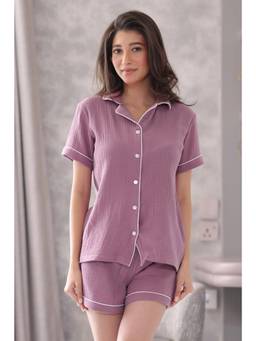 NAP STORY - Purple Muslin Half Sleeve Shirt With Shorts